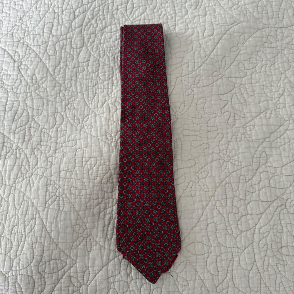 Vintage Yves Saint Laurent Silk Tie Red Medallion Geometric Designer Necktie USA
